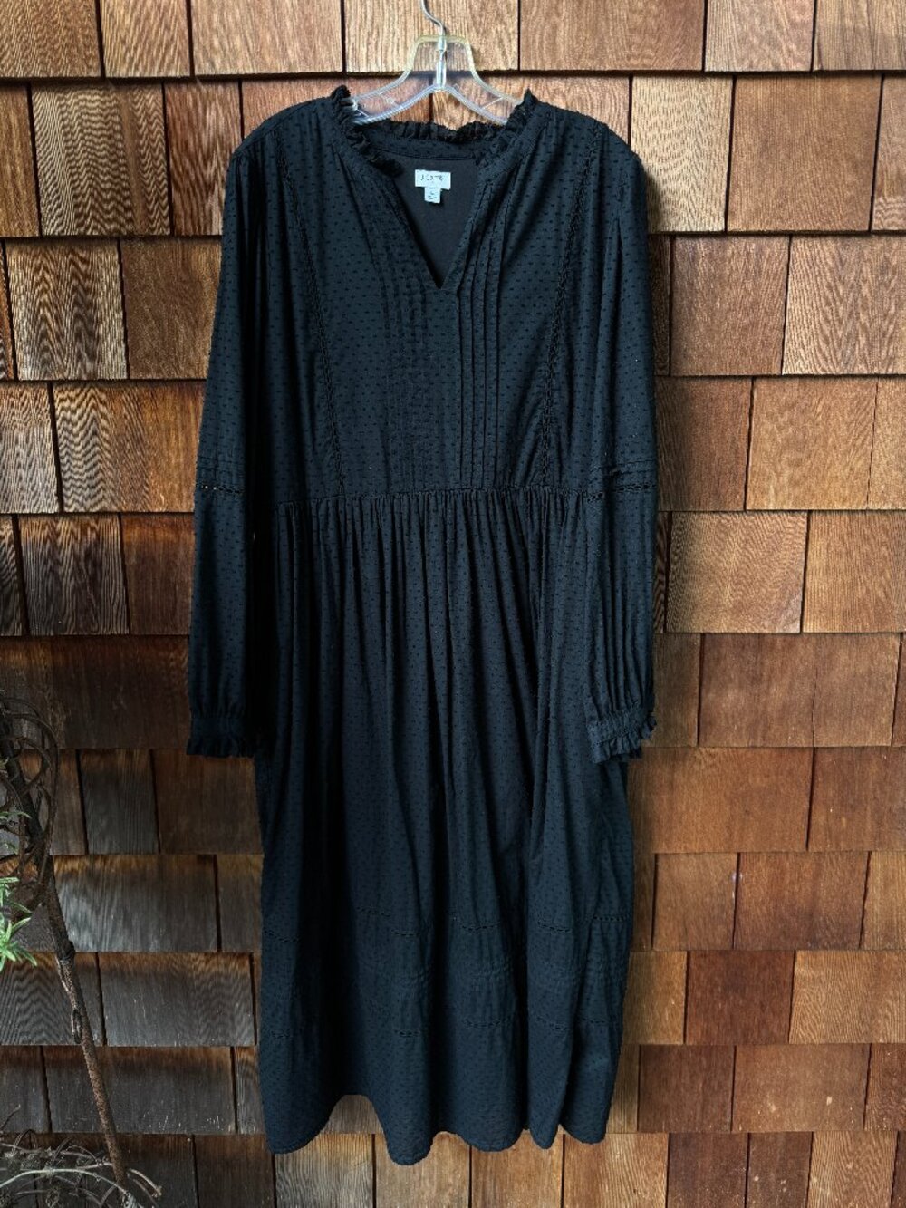 J. Crew Black Clipdot Long Sleeve Pintuck Midi Dress in Women's Large